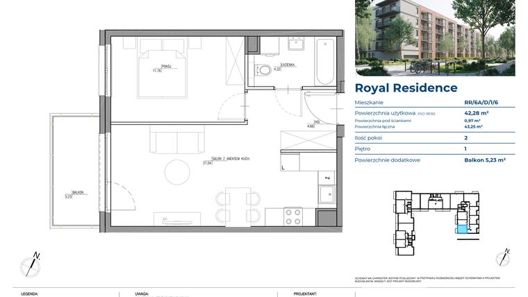 Rzut - Mieszkanie na sprzedaż 2 pokoje o powierzchni 42,28 m² - numer RR/6A/D/1/6 w Royal Residence 6A