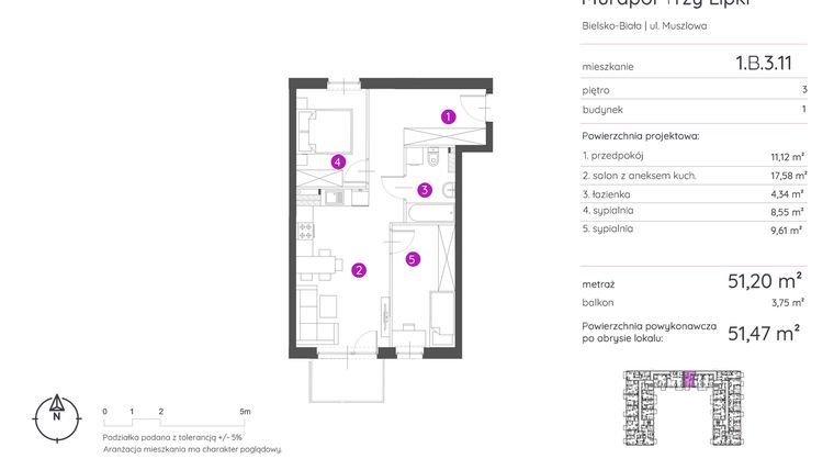 Rzut - Mieszkanie na sprzedaż 3 pokoje o powierzchni 51,47 m² - numer 1.B.3.11 w Murapol Trzy Lipki