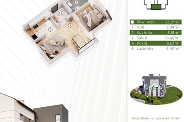 Rzut - Mieszkanie na sprzedaż 2 pokoje o powierzchni 35,71 m² - numer 21.M14 w Osiedle Leśny Zakątek