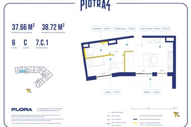 Rzut - Mieszkanie na sprzedaż 2 pokoje o powierzchni 37,66 m² - numer 7C1 w Piotra 4