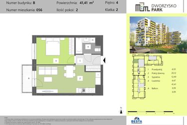 Rzut - Mieszkanie na sprzedaż 2 pokoje o powierzchni 41,41 m² - numer 56 w Dworzysko Park - Etap II