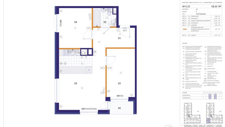 Rzut - Mieszkanie na sprzedaż 3 pokoje o powierzchni 58,33 m² - numer A2M413 w Home Factory