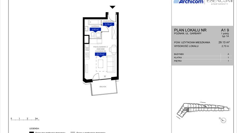 Rzut - Mieszkanie na sprzedaż 1 pokój o powierzchni 29,04 m² - numer A1.9 w Apartamenty Esencja II