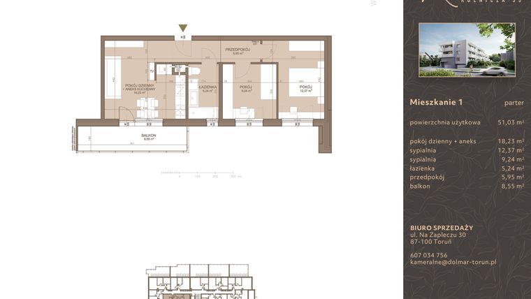 Rzut - Mieszkanie na sprzedaż 3 pokoje o powierzchni 51,03 m² - numer M-1 w Kameralne