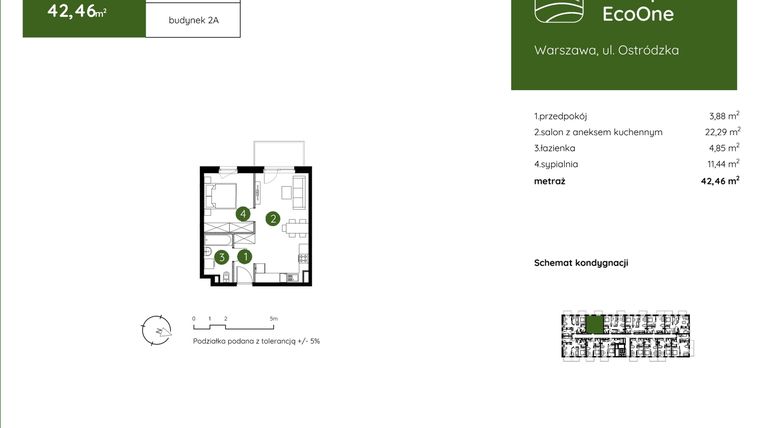 Rzut - Mieszkanie na sprzedaż 2 pokoje o powierzchni 42,46 m² - numer 2.A.2.05 w Murapol EcoOne
