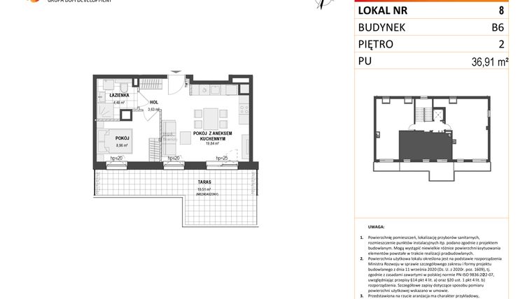 Rzut - Mieszkanie na sprzedaż 2 pokoje o powierzchni 36,91 m² - numer B6 8 w Wzgórze Markowca