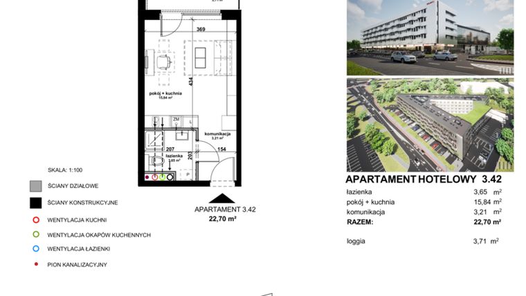 Rzut - Mieszkanie na sprzedaż 1 pokój o powierzchni 22,66 m² - numer 3.42 w Apartamentowiec Zwycięska 3 - inwestycyjne