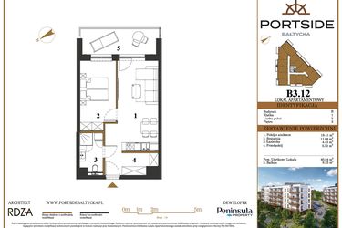 Rzut - Mieszkanie na sprzedaż 2 pokoje o powierzchni 40,84 m² - numer B3.12 w Portside Bałtycka