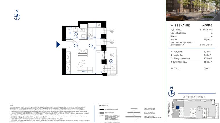 Rzut - Mieszkanie na sprzedaż 1 pokój o powierzchni 30,45 m² - numer AA0105 w Niedziałkowskiego Park