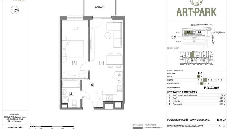 Rzut - Mieszkanie na sprzedaż 2 pokoje o powierzchni 43,52 m² - numer B.3.A306 w ArtPark