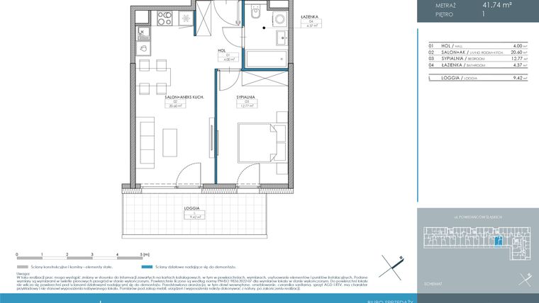 Rzut - Mieszkanie na sprzedaż 2 pokoje o powierzchni 41,74 m² - numer 1.3.1.03 w Nordic Powstańców Śląskich