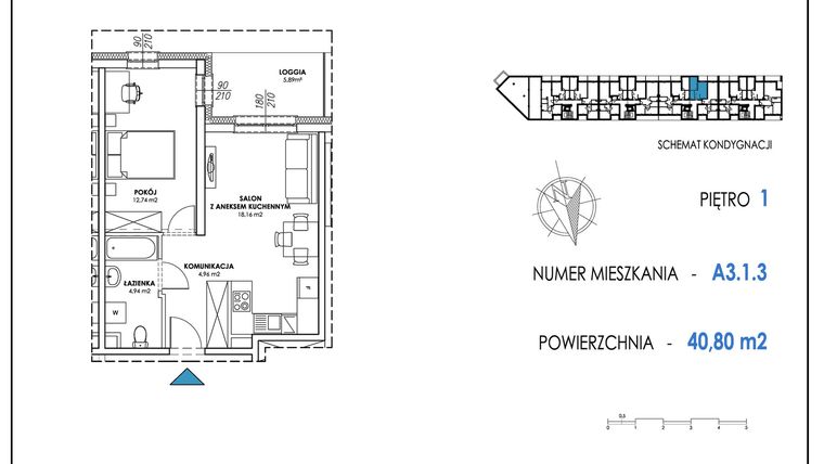 Rzut - Mieszkanie na sprzedaż 2 pokoje o powierzchni 40,74 m² - numer A3.1.3 w Apartamenty Nowe Miasto