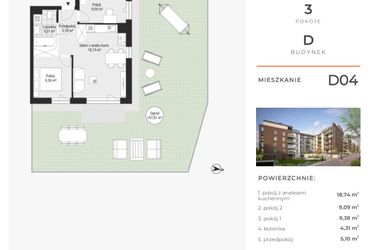 Rzut - Mieszkanie na sprzedaż 3 pokoje o powierzchni 46,62 m² - numer D04 w Na Koszutce II