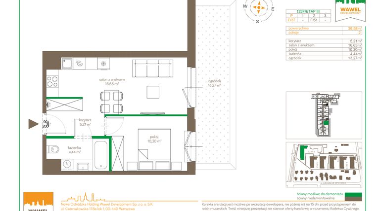 Rzut - Mieszkanie na sprzedaż 2 pokoje o powierzchni 36,58 m² - numer F/37 w Ostródzka 123 - III etap