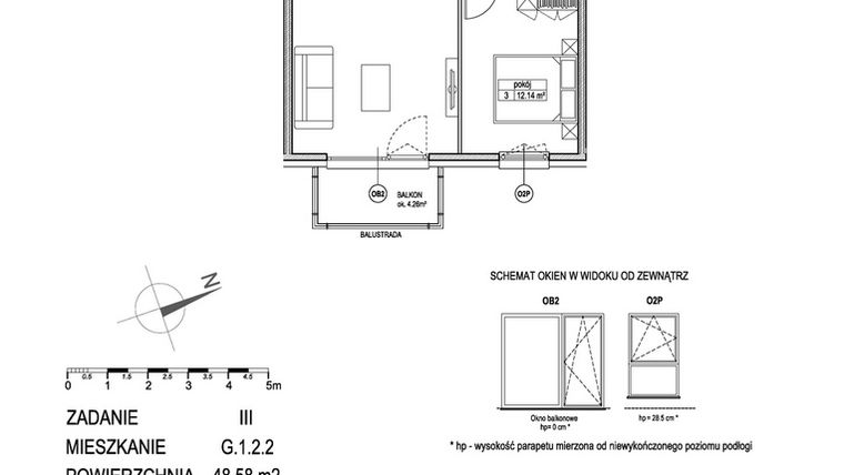 Rzut - Mieszkanie na sprzedaż 2 pokoje o powierzchni 48,74 m² - numer G.1.2.2 w Atut III