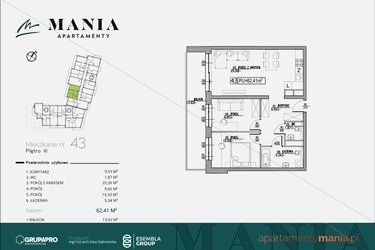 Rzut - Mieszkanie na sprzedaż 3 pokoje o powierzchni 62,41 m² - numer 43 w MANIA Apartamenty