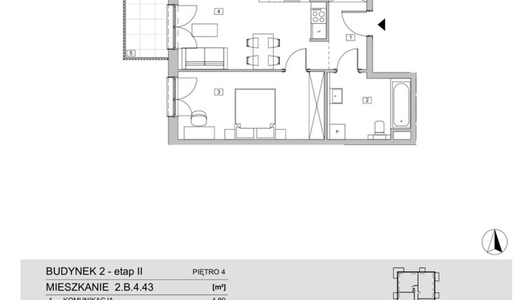 Rzut - Mieszkanie na sprzedaż 2 pokoje o powierzchni 47,11 m² - numer 2.B.4.43 w ATAL Apollina II