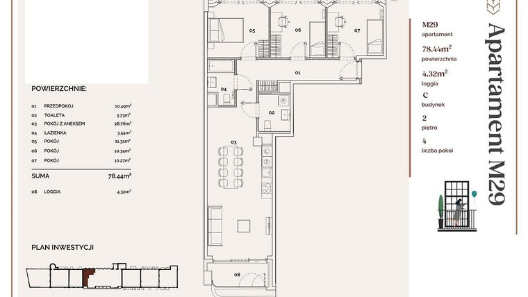 Rzut - Mieszkanie na sprzedaż 4 pokoje o powierzchni 78,44 m² - numer C.29 w Młyny Mogilska