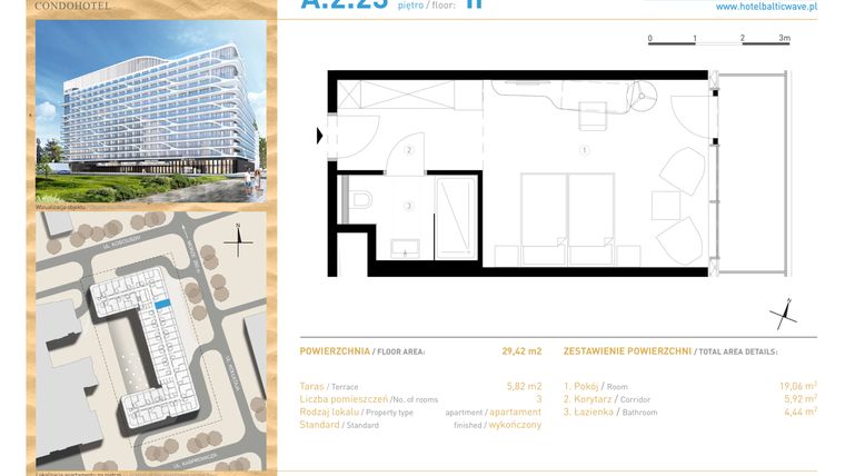 Rzut - Mieszkanie na sprzedaż 1 pokój o powierzchni 29,42 m² - numer 2.23 w Baltic Wave