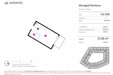 Rzut - Mieszkanie na sprzedaż 1 pokój o powierzchni 27,3 m² - numer 1.A.1.03 w Murapol Portovo etap II