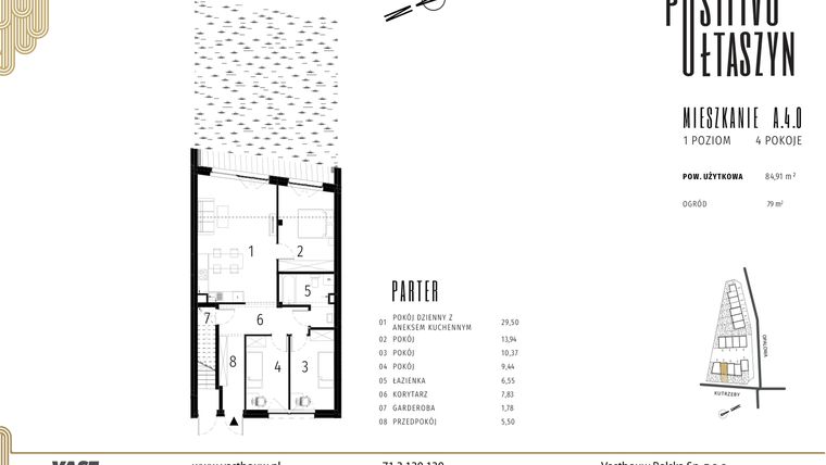 Rzut - Mieszkanie na sprzedaż 4 pokoje o powierzchni 84,91 m² - numer A.4.0 w Positivo Ołtaszyn