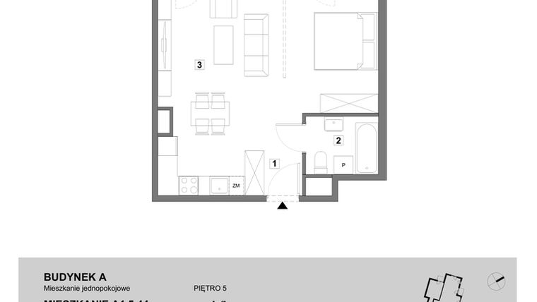 Rzut - Mieszkanie na sprzedaż 1 pokój o powierzchni 43,39 m² - numer A1.5.44 w ATAL Grabiszyn