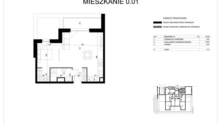 Rzut - Mieszkanie na sprzedaż 1 pokój o powierzchni 51,74 m² - numer M0.01 w Verde Casa