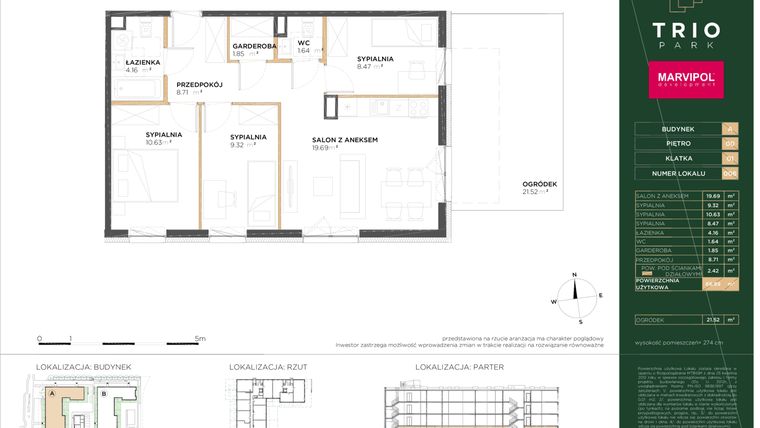 Rzut - Mieszkanie na sprzedaż 4 pokoje o powierzchni 66,89 m² - numer A006 w Trio Park