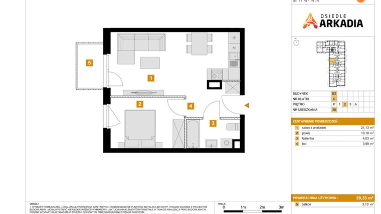 Rzut - Mieszkanie na sprzedaż 2 pokoje o powierzchni 39,33 m² - numer 36 w Osiedle Arkadia