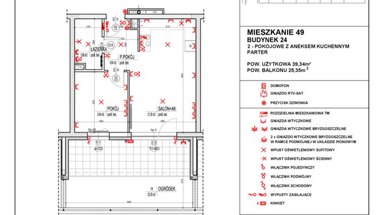Rzut - Mieszkanie na sprzedaż 2 pokoje o powierzchni 39,34 m² - numer 24_49 w Osiedle 4 Pory Roku - Etap VIII