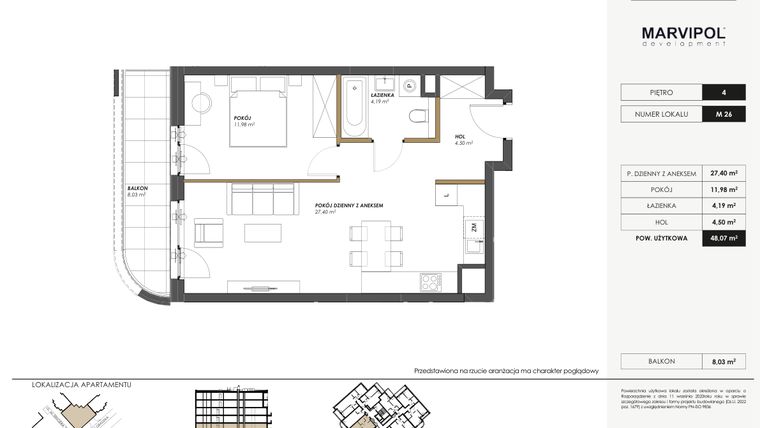 Rzut - Mieszkanie na sprzedaż 2 pokoje o powierzchni 48,07 m² - numer M26 w SENGERA 1