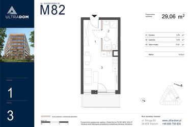 Rzut - Mieszkanie na sprzedaż 1 pokój o powierzchni 29,06 m² - numer M082 w Ultradom