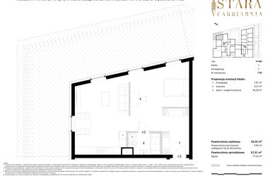 Rzut - Mieszkanie na sprzedaż 1 pokój o powierzchni 57,31 m² - numer 1.02 w Stara Farbiarnia