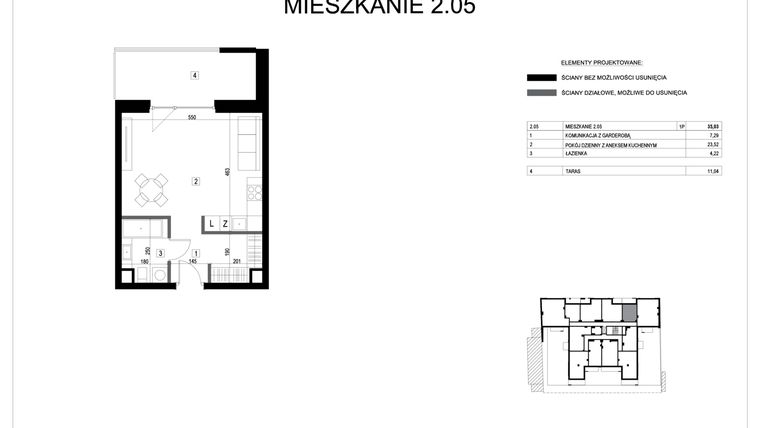 Rzut - Mieszkanie na sprzedaż 1 pokój o powierzchni 35,03 m² - numer M2.05 w Verde Casa