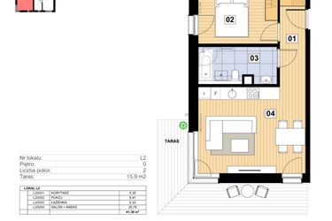 Rzut - Mieszkanie na sprzedaż 2 pokoje o powierzchni 41,36 m² - numer L-2 w Mickiewicza 21 Residence