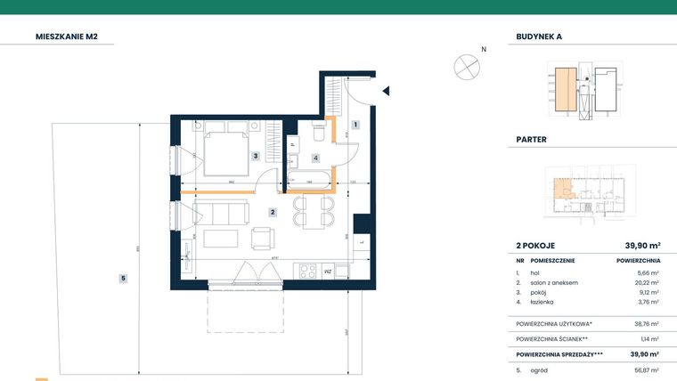 Rzut - Mieszkanie na sprzedaż 2 pokoje o powierzchni 38,76 m² - numer M02 w Reneta