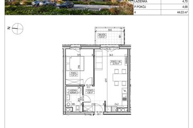 Rzut - Mieszkanie na sprzedaż 2 pokoje o powierzchni 44,03 m² - numer A3.02.26 w AURA