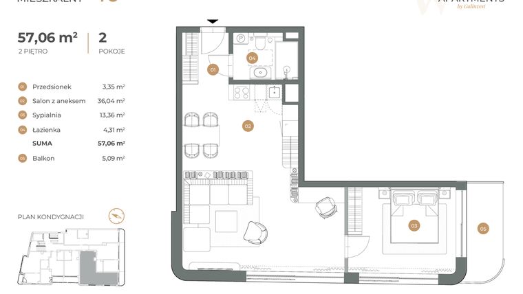 Rzut - Mieszkanie na sprzedaż 2 pokoje o powierzchni 57,06 m² - numer 10 w Witkiewicza Apartments