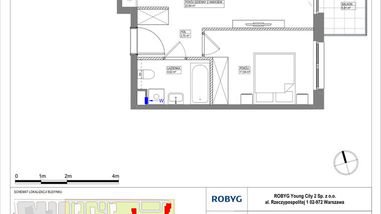Rzut - Mieszkanie na sprzedaż 2 pokoje o powierzchni 42,5 m² - numer MLAAB/C/3/3 w Metro Life Apartamenty