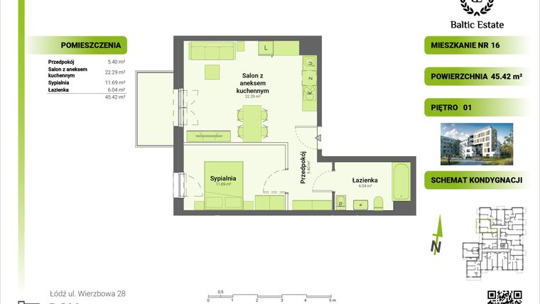 Rzut - Mieszkanie na sprzedaż 2 pokoje o powierzchni 45,42 m² - numer 01.M.16 w Dom Architekta
