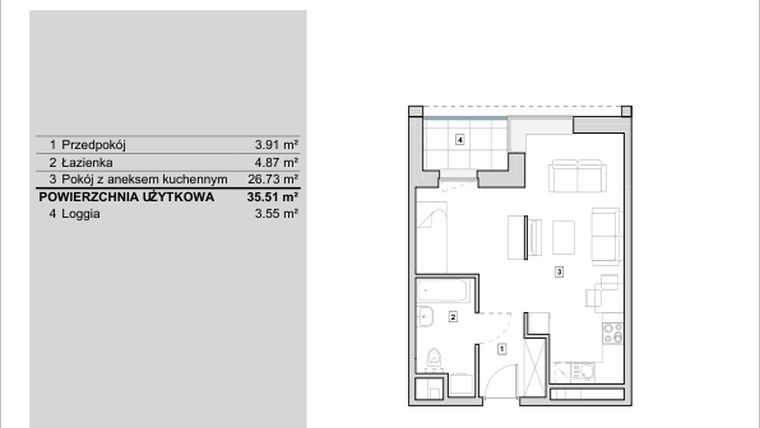Rzut - Mieszkanie na sprzedaż 1 pokój o powierzchni 35,51 m² - numer H1-A-8-1 w Heyki City