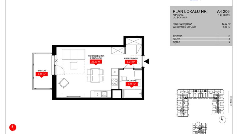 Rzut - Mieszkanie na sprzedaż 1 pokój o powierzchni 32,92 m² - numer A4 206 w Osiedle Bociana 5