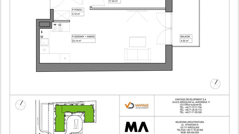 Rzut - Mieszkanie na sprzedaż 2 pokoje o powierzchni 43,23 m² - numer PT/C/5/5 w Przystanek Tarnogaj