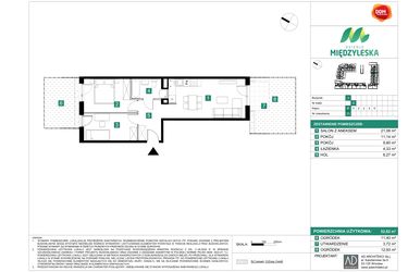 Rzut - Mieszkanie na sprzedaż 3 pokoje o powierzchni 52,62 m² - numer 23 w Osiedle Międzyleska - etap II
