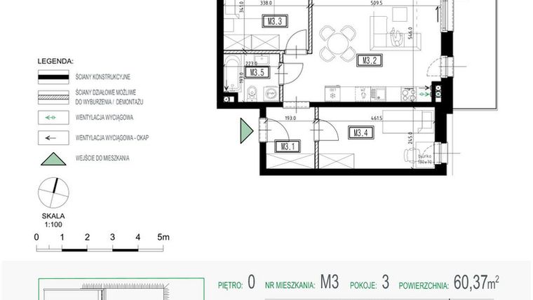 Rzut - Mieszkanie na sprzedaż 3 pokoje o powierzchni 60,37 m² - numer 3 w Kolarska Koncept