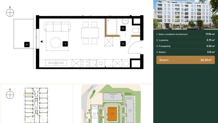 Rzut - Mieszkanie na sprzedaż 1 pokój o powierzchni 26,25 m² - numer B2.3.08 w Wierzbowa 20