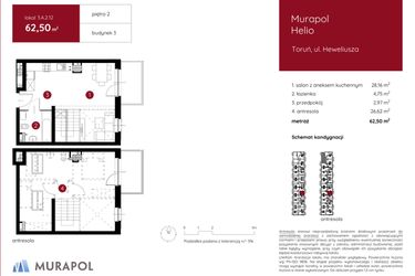 Rzut - Mieszkanie na sprzedaż 1 pokój o powierzchni 62,5 m² - numer 3.A.2.12 w Murapol Helio