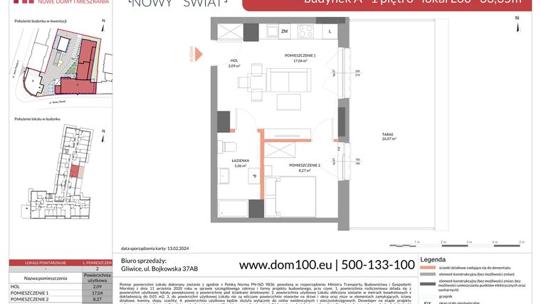 Rzut - Mieszkanie na sprzedaż 2 pokoje o powierzchni 33,35 m² - numer L60 w Apartamenty Nowy Świat - inwestycyjne