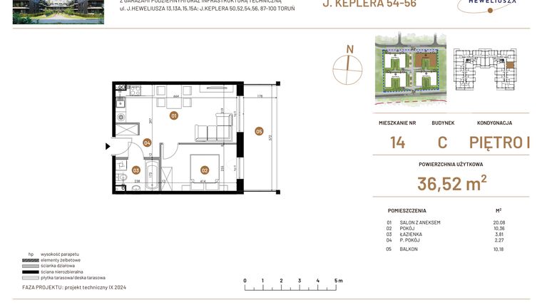 Rzut - Mieszkanie na sprzedaż 2 pokoje o powierzchni 36,52 m² - numer JAR-III-C-LM-M14 w Osiedle JAR Heweliusza etap III
