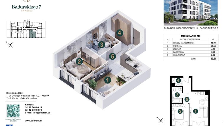 Rzut - Mieszkanie na sprzedaż 2 pokoje o powierzchni 42,21 m² - numer 3 w Badurskiego 7